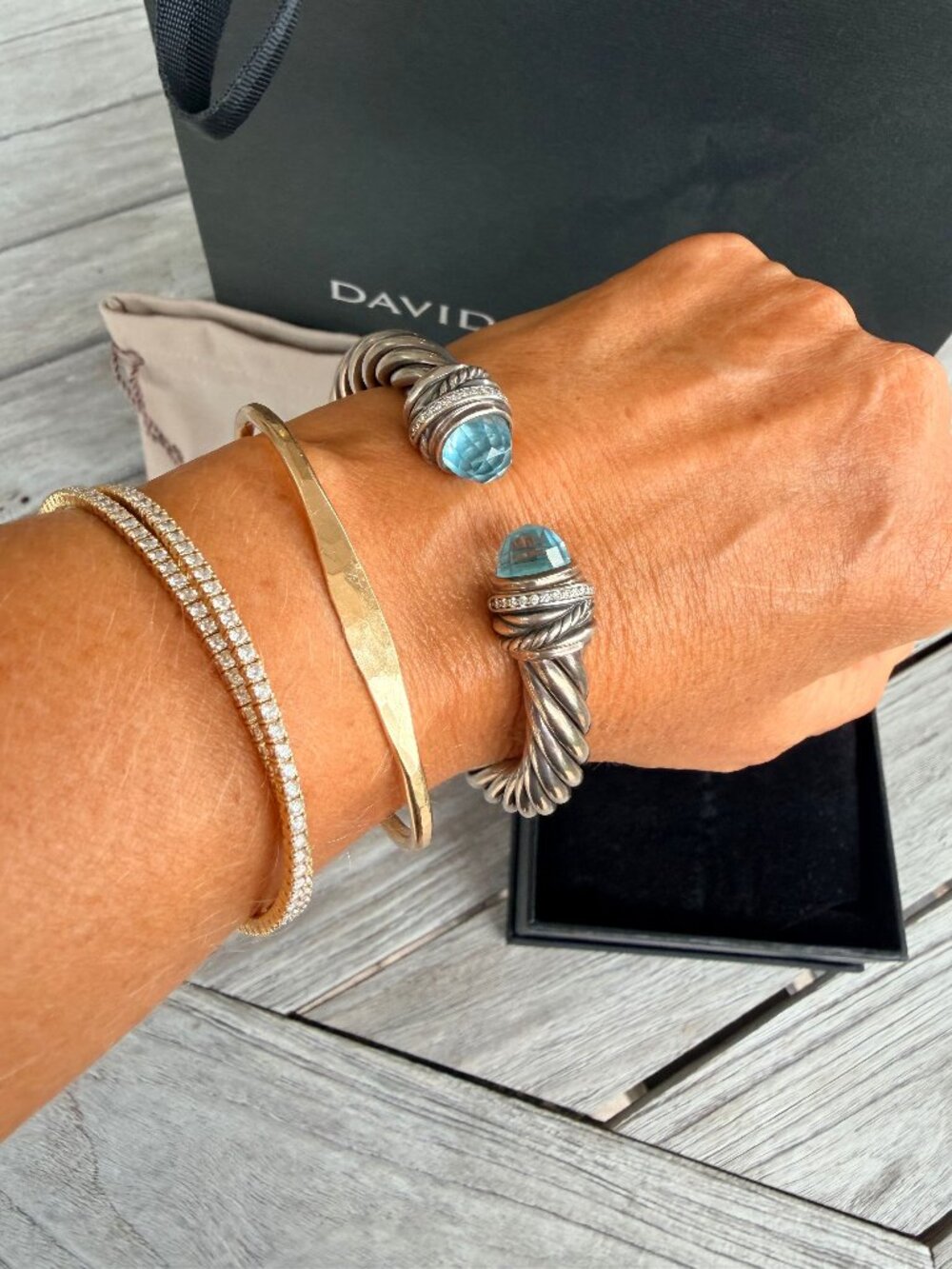 David Yurman Cable Bracelet 8mm Blue Topaz Pave Diamonds Sterling Silver Size M